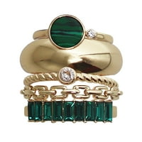 Seren ékszerek arany és zöld egymásra rakó gyűrűk, gyűrűkkészlet, aranyszínű divatgyűrű, CZ, malachit és smaragdzöld akcentussal,