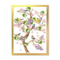 Fa színes madarakkal ülő virágos ágakon keretes festmény vászon művészeti nyomtatás