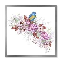 Designart 'Kis kék madár ül a színes virágcsokán' hagyományos keretes művészet nyomtatás