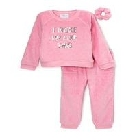 Sweet Dreams Girls Plush PajaMa szett, 2 darab, 4-12 méretű, ingyenes Scrunchie-vel