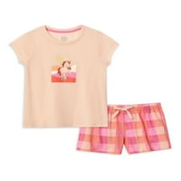 A Wonder Nation lányok rövid ujjú felső és alvási rövidnadrág pizsama szett, 2-darabból, méretek 4- és plusz