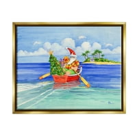 Stupell Industries Mikulás Szállítás Trópusi karácsonyi hajófestés Fémes arany úszó keretes vászon nyomtatott fali művészet,