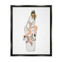 Stupell Industries divatos divatos lány kávéscsésze szépség és divatfestés fekete úszó keretes művészeti nyomtatási fal művészet