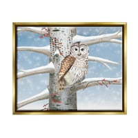 Stupell Industries Snowy Birch Tree Owl Holiday festmény Arany úszó keretes művészeti nyomtatási fal művészet