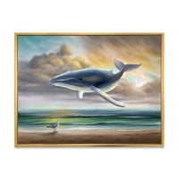 Designart 'bálna úszó az égen a strandon' Gyerekművészeti keretes vászon fali művészet nyomtatás