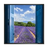 Designart 'A levendula mező nézete a kék nyitott ház ablakon keresztül' Farmhouse keretes vászon fali művészet nyomtatás