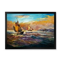 Hajók az esti naplemente alatt az óceán II keretes festmény vászon művészeti nyomtatása