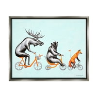 Stupell Industries vadon élő állatok lovaglás kerékpárok Moose Bear Fo Grafikus Art Luster szürke úszó keretes vászon nyomtatott