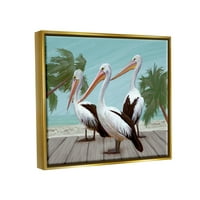 Stupell Industries Tropical Beach Pelicans Palms grafikus művészet fémes arany úszó keretes vászon nyomtatott fali művészet,