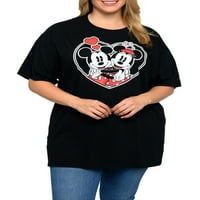 A Disney Womens Plus méretű Mickey és Minnie egér póló szíve feketét ölel