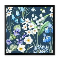Kék és fehér tavaszi virágok sötétkék keretes festményvászon art nyomtatás