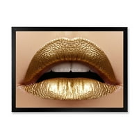 Designart 'A nők közeli képe kövér ajkak arany rúzsgal' Modern keretes művészeti nyomtatás