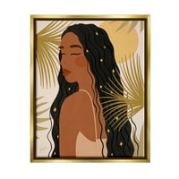 Stupell Industries sivatagi növény levelek napfényes csillagos hajú nő grafikus művészet fémes arany úszó keretes vászon nyomtatott