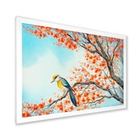 Gyönyörű narancssárga madár ül a virágos ág keretes festménye vászon művészeti nyomtatás