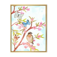 Designart 'okos madár ül egy tavaszi fa ágán, pillangókkal, hagyományos keretes vászon fali művészet