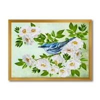 Designart 'Kis kék madár ülve a fehér rózsa növény ágán' hagyományos keretes művészeti nyomtatás