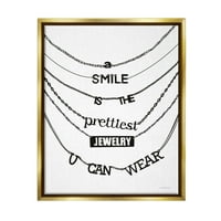 Stupell Industries Smile Glam idézet elegáns nyaklánc változatos szövegtervezés grafikus művészet fémes arany úszó keretes vászon