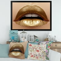 Designart 'A nők közeli képe kövér ajkak arany rúzsgal' Modern keretes művészeti nyomtatás