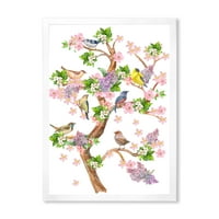 Fa színes madarakkal ülő virágos ágakon keretes festmény vászon művészeti nyomtatás