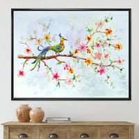 Kis madár ül a virágzó ág keretes festménye vászon művészeti nyomtatás
