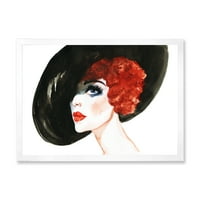 Designart 'A nő vörös fejű hölgy portréja a kalapban' Modern keretes művészeti nyomtatás