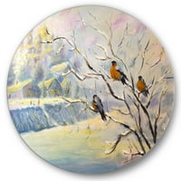Designart 'Rusztikus madarak ülnek egy fán a téli faluban' parasztház körfém fali művészet - 36 lemez