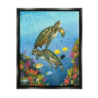 Tengeri teknősök úszásvíz alatti zátony állatok és rovarok grafikus jet fekete keretes művészet nyomtatott fali művészet