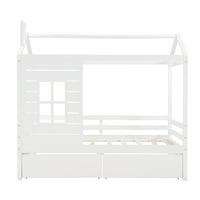 Twin méretű házágy, fa platform ágy ablak és két tároló fiók, fehér