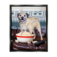 Stupell Industries kutya 3D-s film éjszakai kanapé snack pattogatott kukorica fotó jet fekete úszó keretes vászon nyomtatott