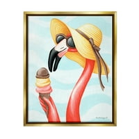 Stupell Industries Summertime Flamingo Sun Hat élvezi a fagylalt kúpos grafikus művészet fémes arany úszó keretes vászon nyomtatott