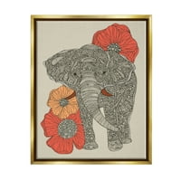 Stupell Industries álló elefánt fényes pipacsok virágos paisley fraktálok grafikus művészet fémes arany úszó keretes vászon nyomtatott