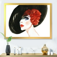 Designart 'A nő vörös fejű hölgy portréja a kalapban' Modern keretes művészeti nyomtatás
