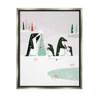 Stupell Industries Penguins díszítve a karácsonyfa ünnepi festmény szürke úszó keretes művészeti nyomtatási fal művészet