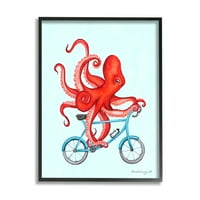 Stupell Industries Red Octopus csápok Kék kerékpárkerékpár grafikus művészete fekete keretes művészet nyomtatott fali művészet,
