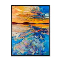 Designart 'Whirly kék hullámok narancssárga naplemente alatt' Hajós és tengerparti keretes vászonfali nyomtatás