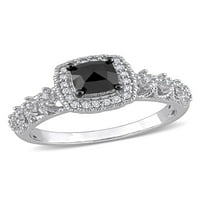 1- Carat T.W. Párnás vágású fekete gyémánt és kerek vágott fehér gyémánt 14 kt fehérarany halo klaszter eljegyzési gyűrű