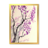Absztrakt tavaszi lila virágok a fa ágain keretes festmény vászon művészeti nyomtatás