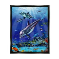Stupell Industries vízi delfinek és halak part menti festménye fekete úszó keretes művészeti nyomtatási fal művészet