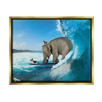 Stupell Industries állatok, akik óceánhullámok lovagolnak, szörfözés Elefánt macska kutya grafikus művészet fémes arany úszó