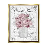 Stupell Industries Pink Roses csokor francia szavak divatos forgatókönyv grafikus művészet fémes arany úszó keretes vászon nyomtatott