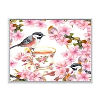 Designart 'Tea csésze madarak és rózsaszín virágok' hagyományos keretes vászon fali művészet