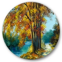 Designart 'Absztrakt fák meleg őszi színekben a Bright Blue River' Hagyományos Circle Metal Wall Art - 23 -as lemez