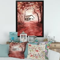 Designart 'Red Autumn Woods és egy ház vadonban' kabin és lodge keretes művészeti nyomtatás