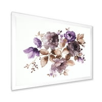 Designart 'lila retro virágok barna levelekkel fehér' hagyományos keretes művészet nyomtatás