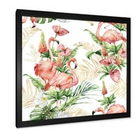 Designart 'Trópusi virágok és arany levelek rózsaszín flamingókkal' hagyományos keretes művészeti nyomtatás