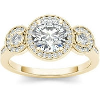 1- Carat T.W. Gyémánt háromköves halo 14KT sárga arany eljegyzési gyűrű