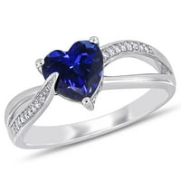 Miabella női 1- Carat T.G.W. A szív alakú kék zafír és a 0. karát kerek gyémánt akcentus ezüst szív osztott szár gyűrű