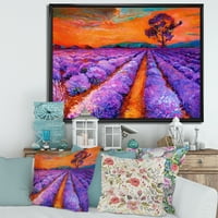 Designart 'An Orange Sunset Over Purple Lavender Fields I' Parasztház Keretezett Vászon Falfestmény Nyomtatás