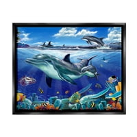 Stupell Industries Delfinek úszás merész korallzátony part menti festmény fekete úszó keretes művészeti nyomtatási fal művészet