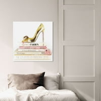 A Wynwood Studio Fashion and Glam Wall Art vászon nyomtatja az „aranycipő és a Blush Books” könyveket - arany, fehér